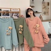 Pajamas women autumn and winter plus velvet thickened ins Net red set students cute cartoon can wear home clothes two-piece set