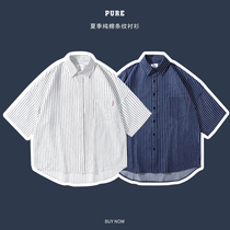 Pure Pe ア ア 夏季 summer shirt Pure cotton mens short-sleeved loose Japanese striped salt business casual shirt tide