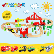 EDWONE wooden children assembly model electric magnetic remote control train wooden rail car dinosaur small train toy