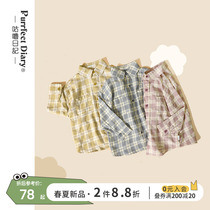 Mug diary Childrens double pockets jacquard plaid shirt male and female child baby classic turned-collar shirt spring new product