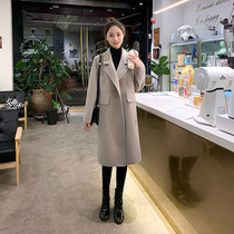 Gray double-sided cashmere coat women high-end 2021 autumn and winter New woolen woolen coat lace-up temperament