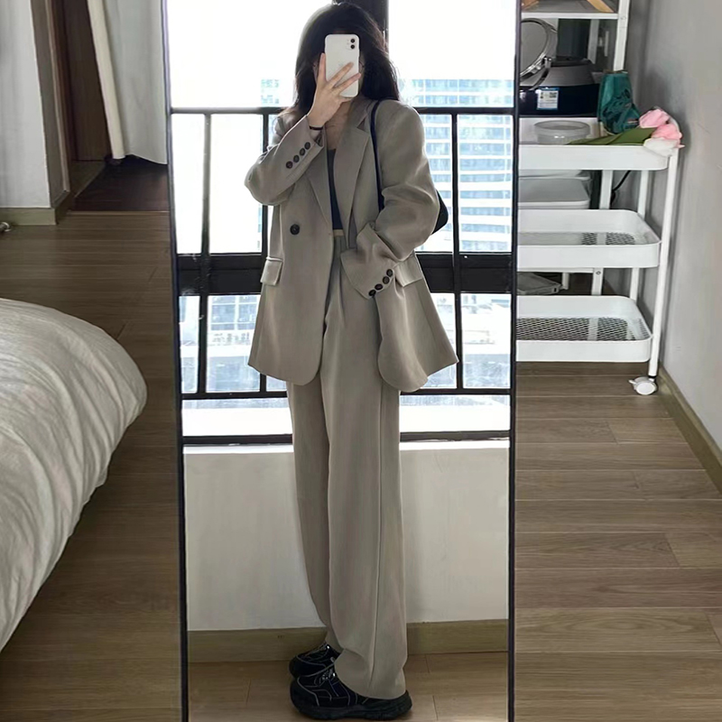 Grey suit for women with a high-end feel 2023 new small casual suit jacket wide leg pants two-piece set