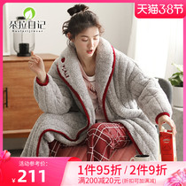 Extended nightgown womens autumn and winter cotton three-layer warm winter pajamas dress thick plus plush coral fleece cotton bathrobe