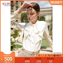 SCOFIELD Womens 2021 Autumn New Commuter Slim French Chiffon Elegant Pearl White Bow Shirt