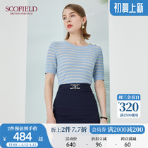 SCOFIELD Womens Dress Summer Round Neckline Striped Jacquard Knit Breathable Blue Sweater Short Sleeve T-shirt Mall Cots