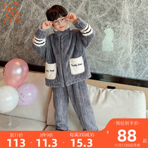 Boys pajamas autumn and winter thick flannel stand-up collar baby boys warm plus velvet coral velvet big children home clothes