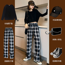 Black and white Plaid Pants Children Spring Autumn Thin Section High Waist Loose Straight Cylinder Pituality Casual Pants Display Slim Summer Broadlegged Trousers