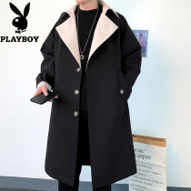 Playboy mens windbreaker long autumn and winter color design sense jacket tide handsome over the knee plus cotton coat