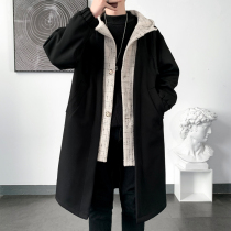 Autumn mens fake two hooded trench coat Korean version of loose knee hair coat English style woolen coat