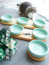 House cat sauce Wakupet Yan Ruyu solid wood ceramic cat bowl cat rice basin water bowl single Bowl double bowl cat food basin
