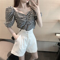 French chic niche sexy word shoulder bubble sleeve top Womens slim summer exposed clavicle short plaid shirt