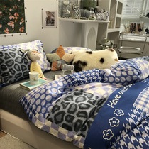 ins minimalist blue collared BAO WEN bed with supplies four pieces all cotton pure cotton 1 5m quilt cover sheet three sets