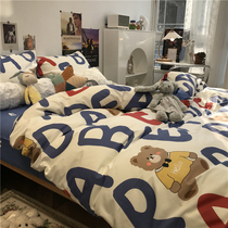 Nordic minimalist letters bear boy bed four-piece cotton cotton quilt cover blue three-piece set 1 5M M