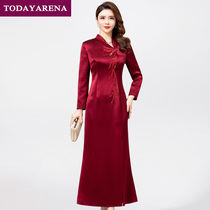 High-end acetate long-sleeved plus-size dress slim-fit long wedding banquet dress Xi mother-in-law autumn and winter mother-in-law clothing