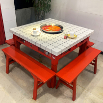 There is a head market well marble hot pot table induction cooker integrated commercial hot pot restaurant barbecue dining table and chair combination