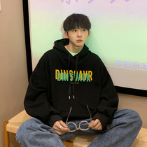 Plus velvet hooded sweater mens autumn and winter handsome letter print casual long sleeve jacket Gangfeng high street plus size coat