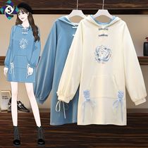 Improved version of sweater skirt female spring and autumn Chinese style Han element loose size commuter hooded lace-up chic dress