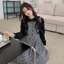 Dress female autumn size bow Plaid stitching long sleeve fake two pieces fat mm cover meat slim age age reduction dress