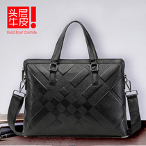 Young Mens Baotou Layer Calf Leather Handbag Genuine Leather Pure Color Business Briefcase Square Single Shoulder Inclined Satchel Bag