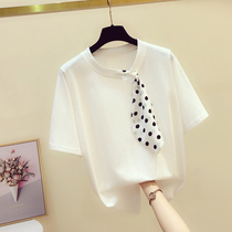 Fashion brand design sense wave dot silk scarf bow tie t-shirt short-sleeved womens 2021 summer new Korean loose top t-shirt