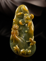 Jade natural A goods finished jade ice glutinous jade pendant yellow feat carved old Lotus fish year after year