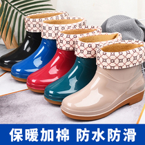 Rainshoe woman waterproof waterproof waterproof shoes in high-tube shoes adult shoes kitchen cotton heating dry half bucket shoes