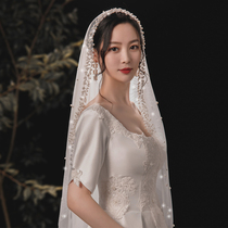 New 2021 heavy industry pearl medium-long new maiden veil headdress super fairy veil wedding gift modeling accessories