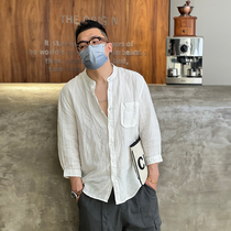 Day Series Retro Casual Yuppie Handsome Collar Shirts Mans Trend Summer 100 Hitch Pure Color 70% Sleeves Linen Shirt