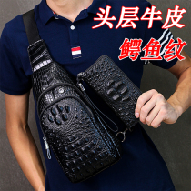 Genuine Leather Crocodile Textured Chest Bag Male Baotou Layer Bull Leather Skew Satchel Korean version Single shoulder bag New inclined shoulder bag Chest Front Pouch