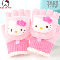 Hello Kitty childrens gloves for girls baby half-finger flip cover little girl winter warm student cartoon cute child