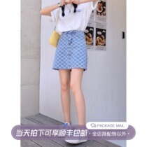 Yang bubble blue plaid denim skirt womens 2021 summer new high-waisted straight tube brushed a-line short skirt tide