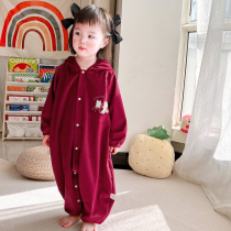 Childrens one-piece clothes waterproof eating autumn and winter New hooded clothes baby climbing clothes anti-dirty clothes