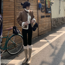 JMSHOP mocha Knight temperament Brown loose Lamb hair top lapel stitching fur one coat women