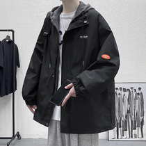 Hong Kong wind size fake two-piece coat mens early spring and autumn season 2022 new trend versatile hood loose workwear jacket