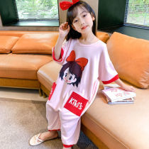 Child Girl Conjoined Pyjamas Summer Thin Cotton Short Sleeve One-piece Clothes Cute Girl Princess Big Boy Home Conserved