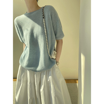 WANGER Classic R0W Wind soft glutinous cloud Dove touch Cashmere Trendy Chic Hairy Short Sleeve Knitwear Blouse