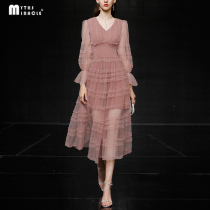  Myths Miracle Early autumn temperament Elegant socialite lantern sleeve mesh big swing fairy dress long skirt female