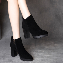 Spring Money Waterproof Bench High Heels 2022 New Autumn Winter Rough Heel Genuine Leather Shoes Frosted Short Boots Woman Spring Autumn Single Boots