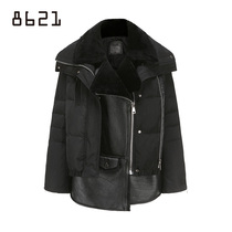 8621 Winter 1L Black double zipper design turn wool collar fur hem stitching short down jacket