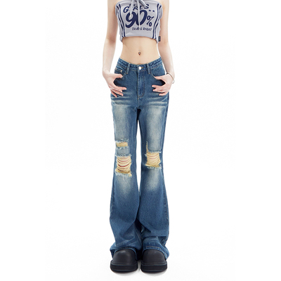 taobao agent APEA retro fashionable water washing water, knee pierced jeans, cats must wash water micro -horn versatile thin trousers J