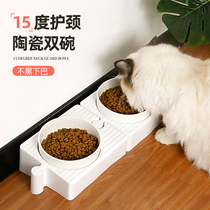 Cat bowl Ceramic double bowl Cat food bowl Cat rice bowl Dog bowl Anti-tipping protection cervical drinking bowl Pet supplies