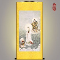 The boy worshiped the Guanyin Bodhisattva Tuo Wei Tuo Zun Tianshen Buddha painting retro Buddha scroll painting decorative calligraphy painting
