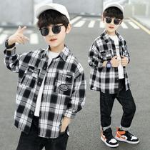 Boy Pure Cotton Plaid Long Sleeve Spring Dress Shirt 2022 New CUHK Tong Shirt Children Blouse Spring Autumn Jacket Tide