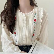 Korea chic spring retro heavy industry embroidery stitching pleated single-breasted short loose long sleeve shirt shirt top women