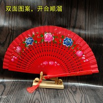 Folding fan Female dance fan Red fan Solid wood fan Bone opening and closing smooth double-sided fan Cheongsam stage catwalk performance folding fan