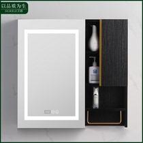 Custom modern simple black solid wood bathroom mirror cabinet Wall-mounted mirror locker Smart mirror box LED light mirror