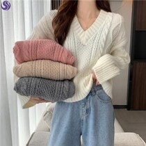 Urban Knitted Women Korean New Loose Wear Design Sense V-neck Twist Sweater Women Autumn and Winter 2020
