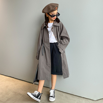 Girls  windbreaker jacket spring and autumn 2021 new Korean version of the big child foreign style fashionable loose medium-long autumn top