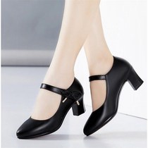 Mother shoes single shoes spring soft leather soft bottom women womens middle heel shallow single shoes Joker professional work womens shoes