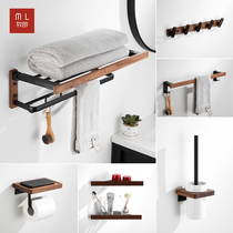 Black solid wood wool towel rack free of punch toilet wall-mounted bathroom shelve toilet accommodating rack bath towels